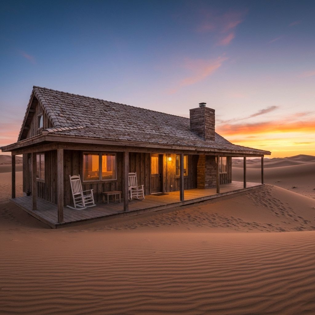 Desert cabin at sunset